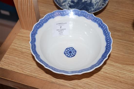 A Chinese blue and white kraak bowl, c.1640 and a 19th century Chinese blue and white bowl largest diameter 15.5cm